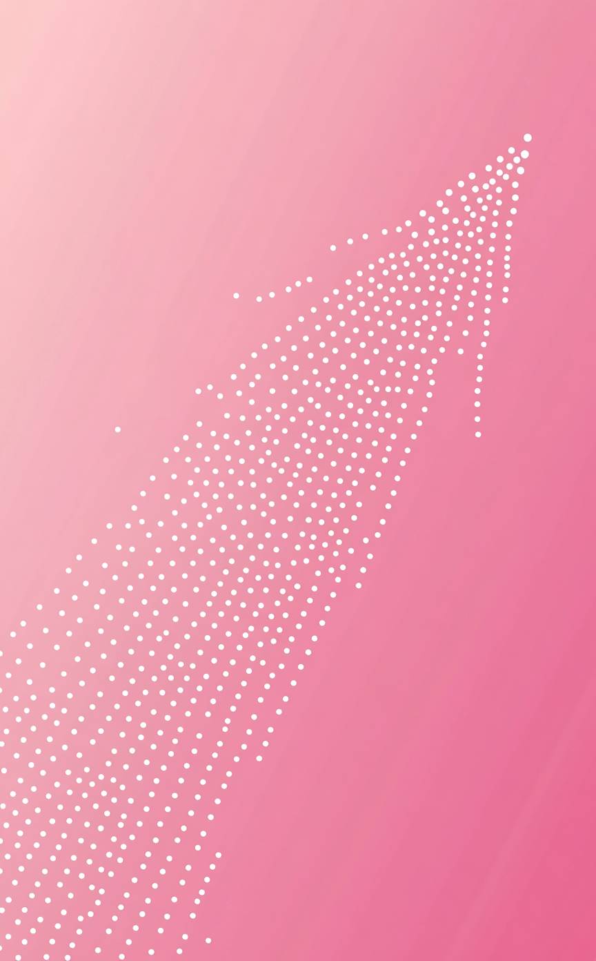 White dots on a pink background form an upward right-pointing arrow in a minimalist design.