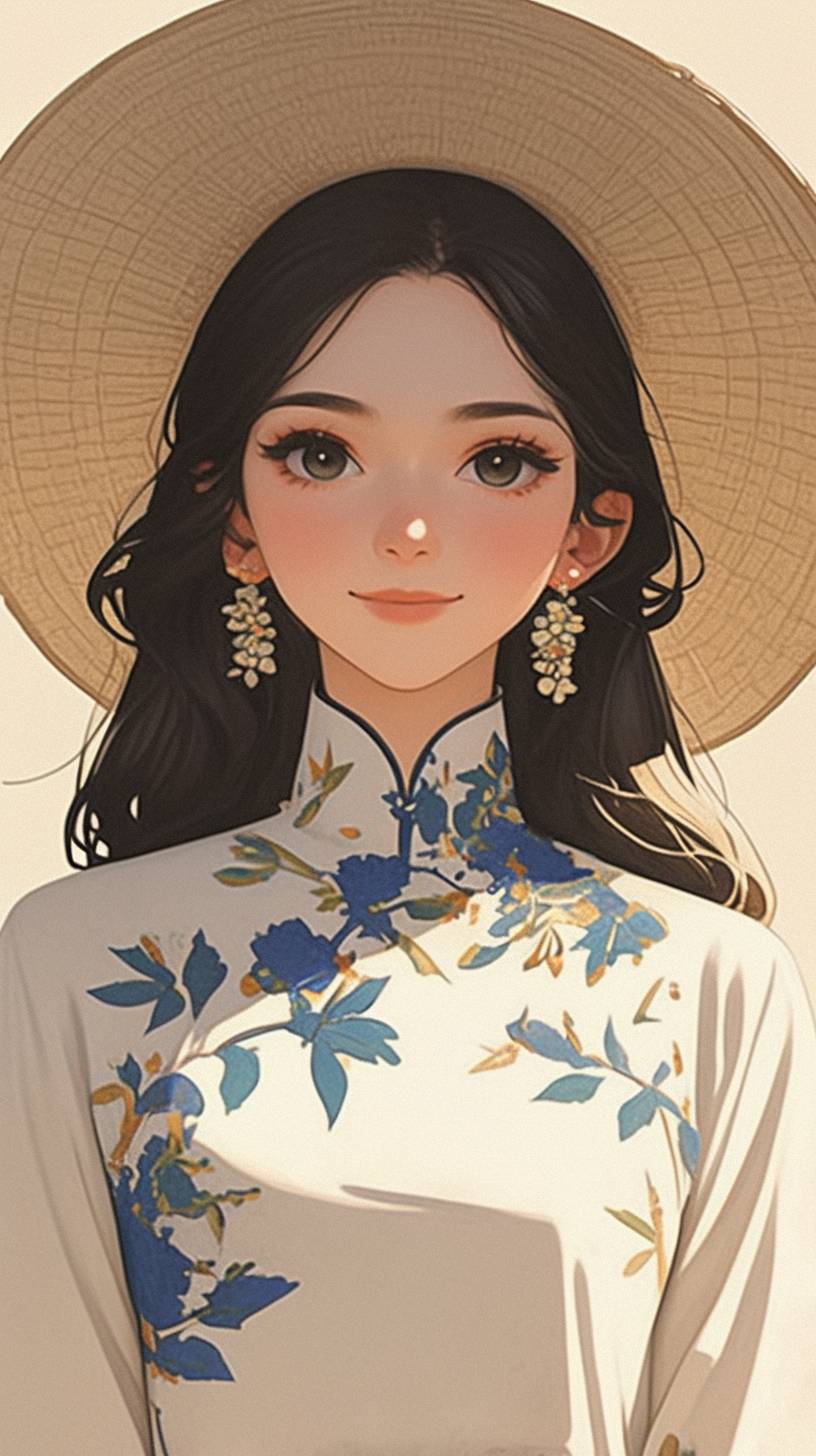 Uma garota de anime vietnamita em um colorido ao dai de seda, mostrando elegância contra o fundo de templos antigos.