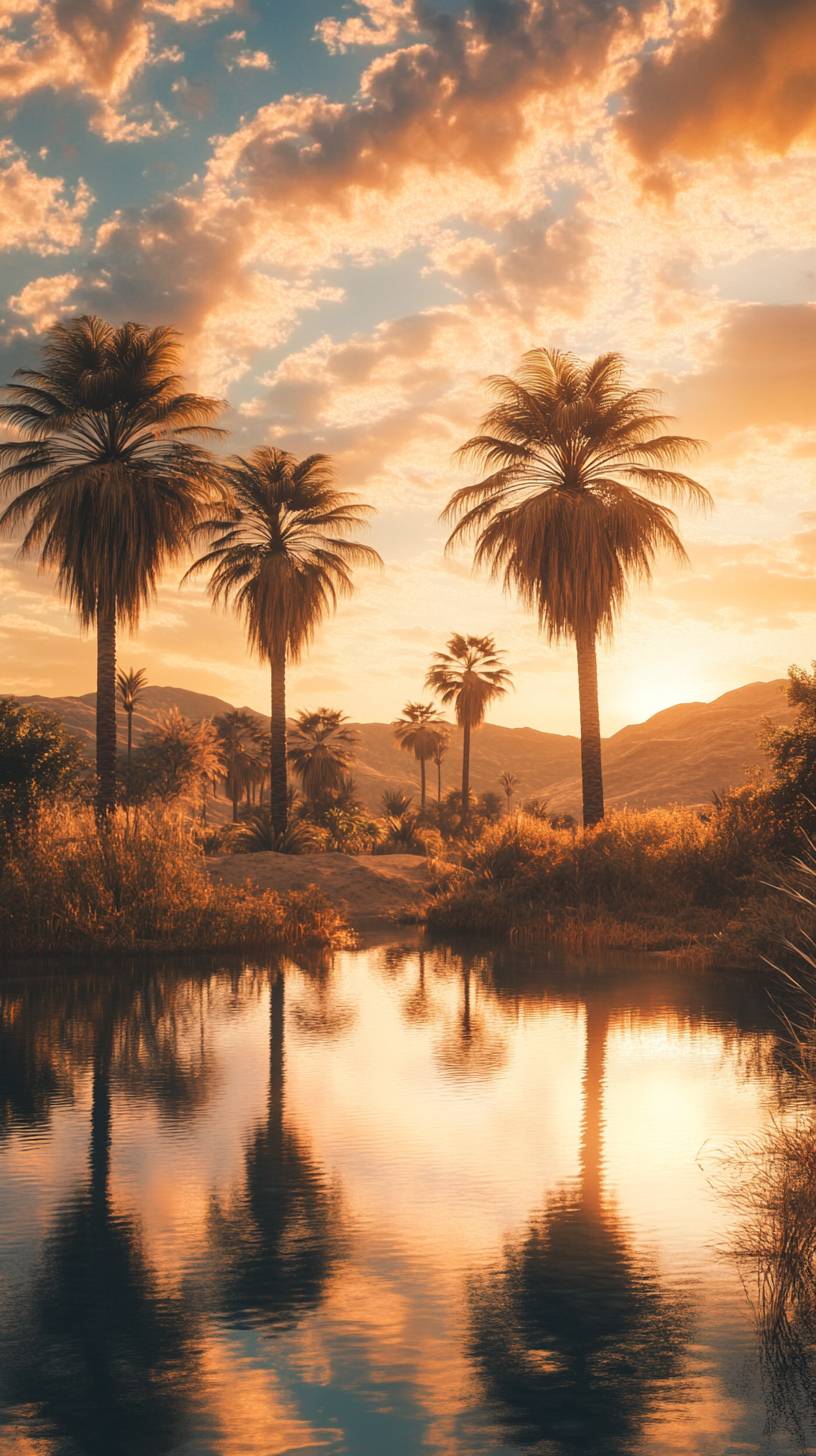 Wüste Oase mit Palmen und ruhiger Wasserreflexion im goldenen Licht der Stunde, ein friedlicher Rückzugsort.