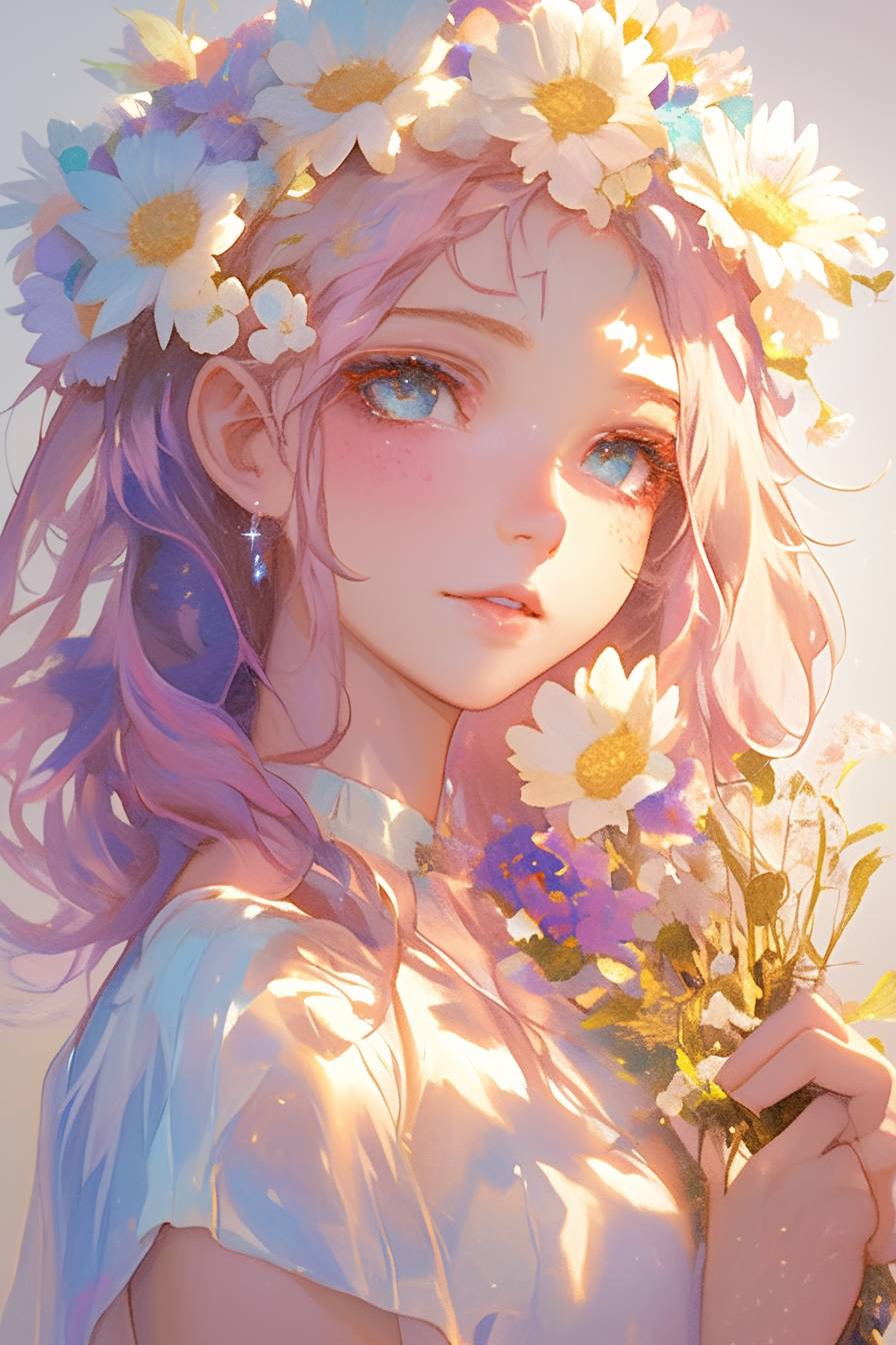 Un personaje de anime elegante con una delicada corona de flores y líneas suaves y limpias.