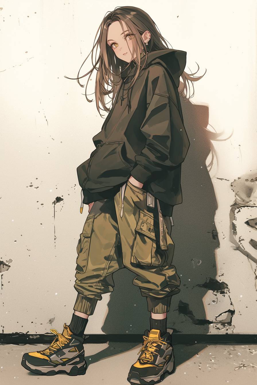 A cool anime girl in an oversized hoodie, cargo pants, and chunky sneakers, set against a street art background, showcases streetwear fashion.