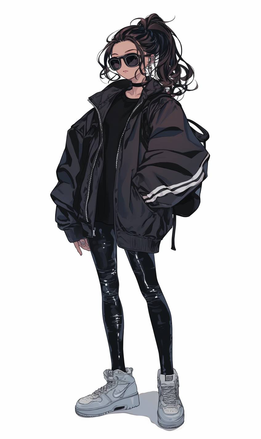 Una chica de anime inspirada en el estilo callejero de Zendaya, que lleva una chaqueta bomber negra oversized, pantalones de cuero ajustados y zapatillas blancas chunky.