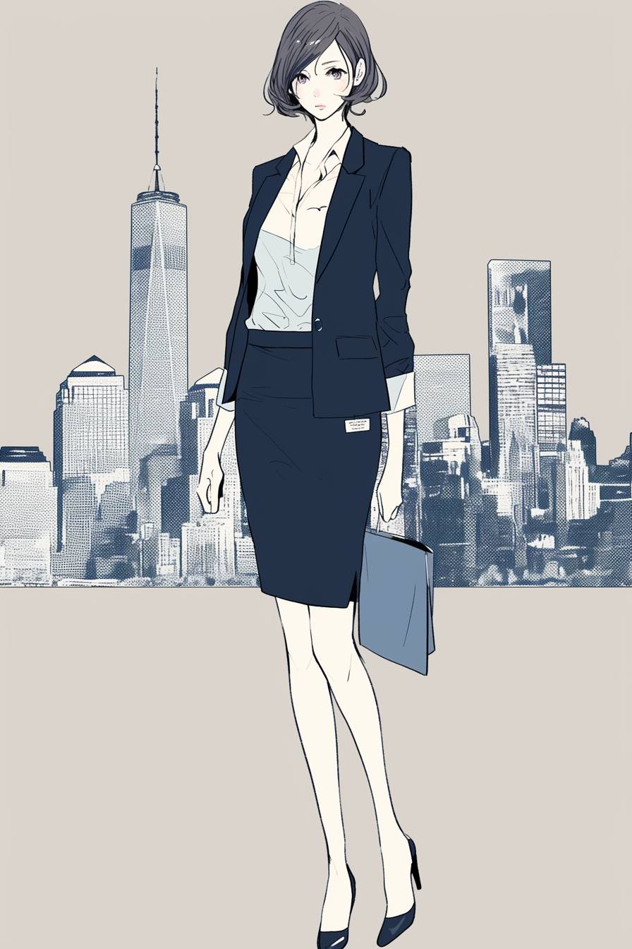 A girl in a Banana Republic blazer, pencil skirt, and pumps showcases minimalist office wear with a city view background.