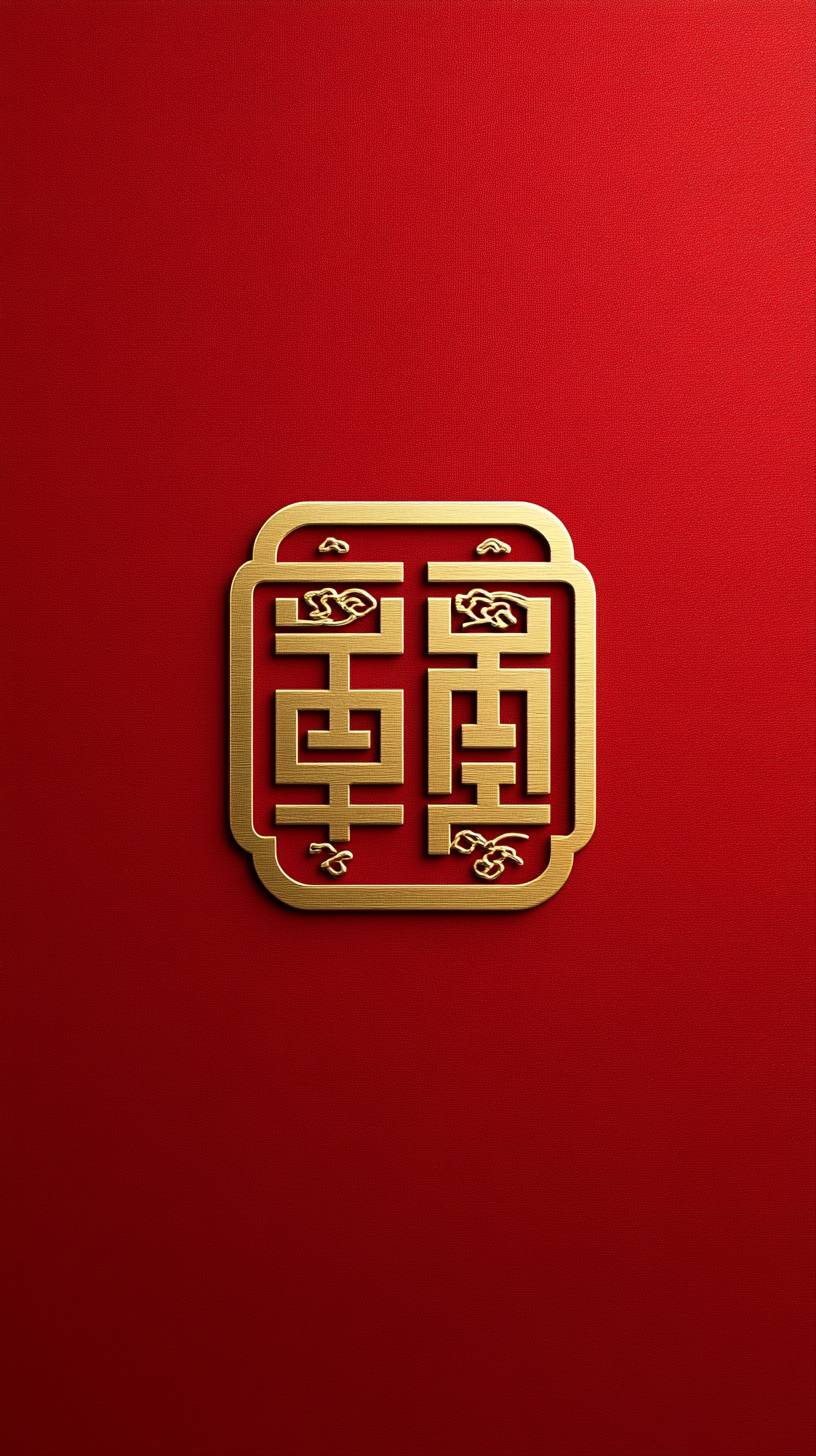 Traditionelles chinesisches Doppelglückszeichen in Gold, zentral auf einem festen roten Hintergrund platziert, verkörpert Einfachheit und Feierlichkeit.