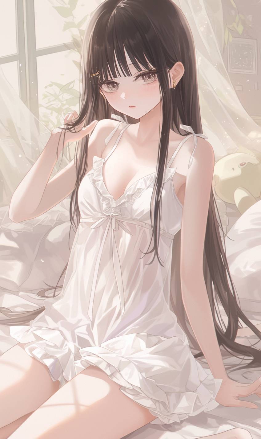 A girl in Suzy Bae style wearing a cute white nightgown in a princess bedroom setting.