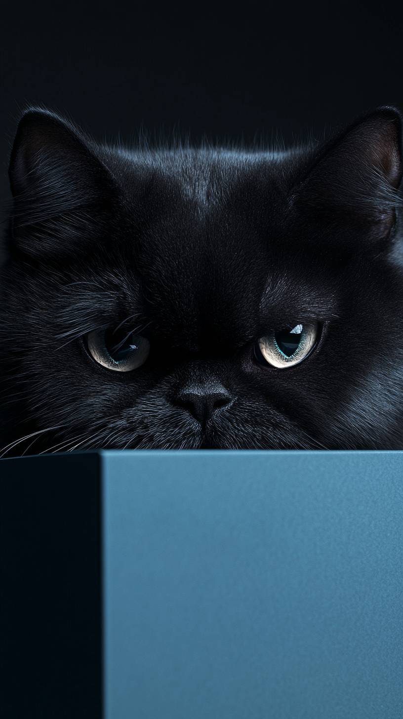 A black adult cat with a serious expression hiding behind a cosmetic box, dark background.