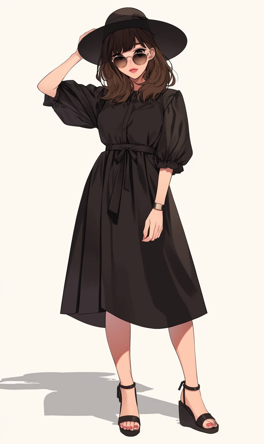 Fille d'anime dans une robe noire intemporelle avec une ceinture en cuir, associée à des sandales et un chapeau à large bord pour un look tendance.