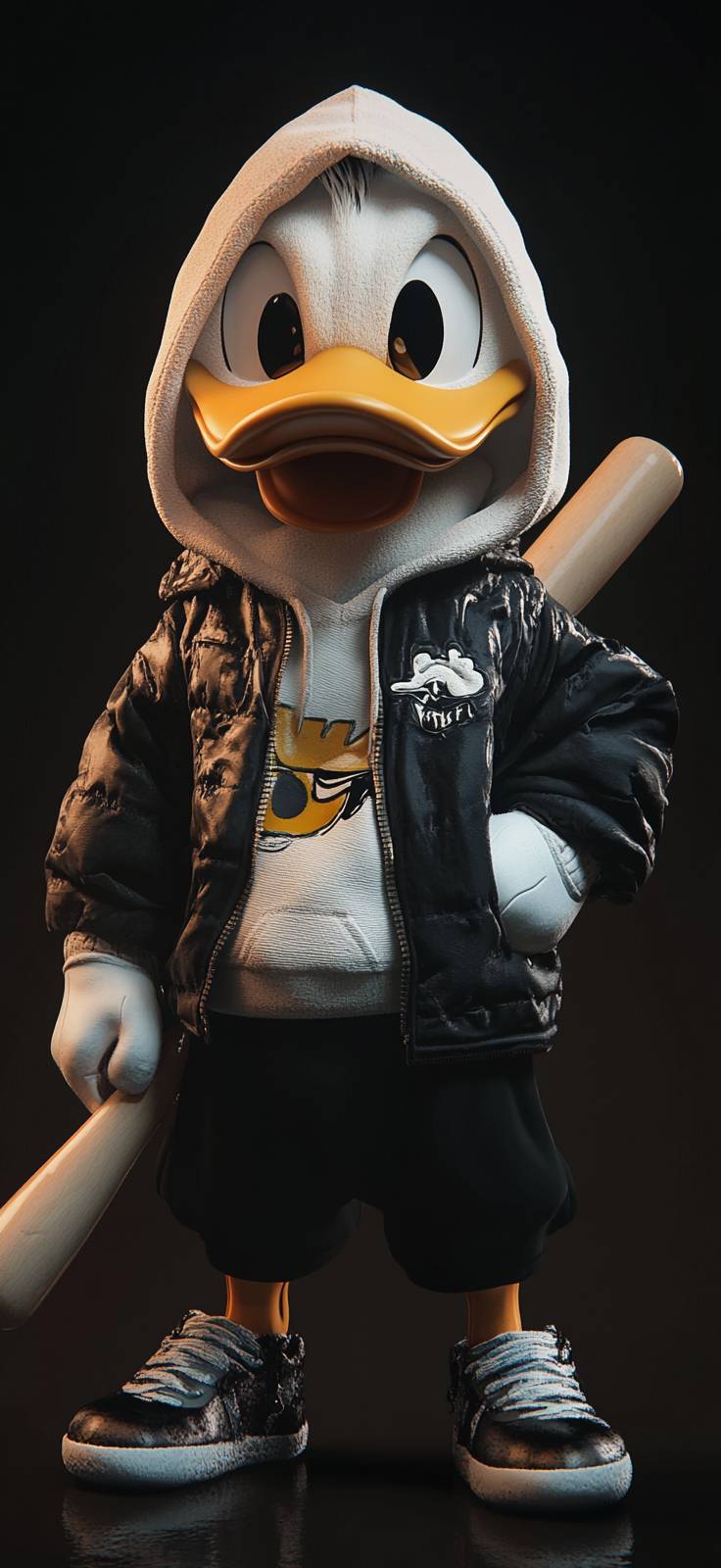 Pato Donald vestindo um moletom branco e uma jaqueta preta, segurando um bastão de beisebol, contra um fundo escuro, renderizado em estilo Pixar.