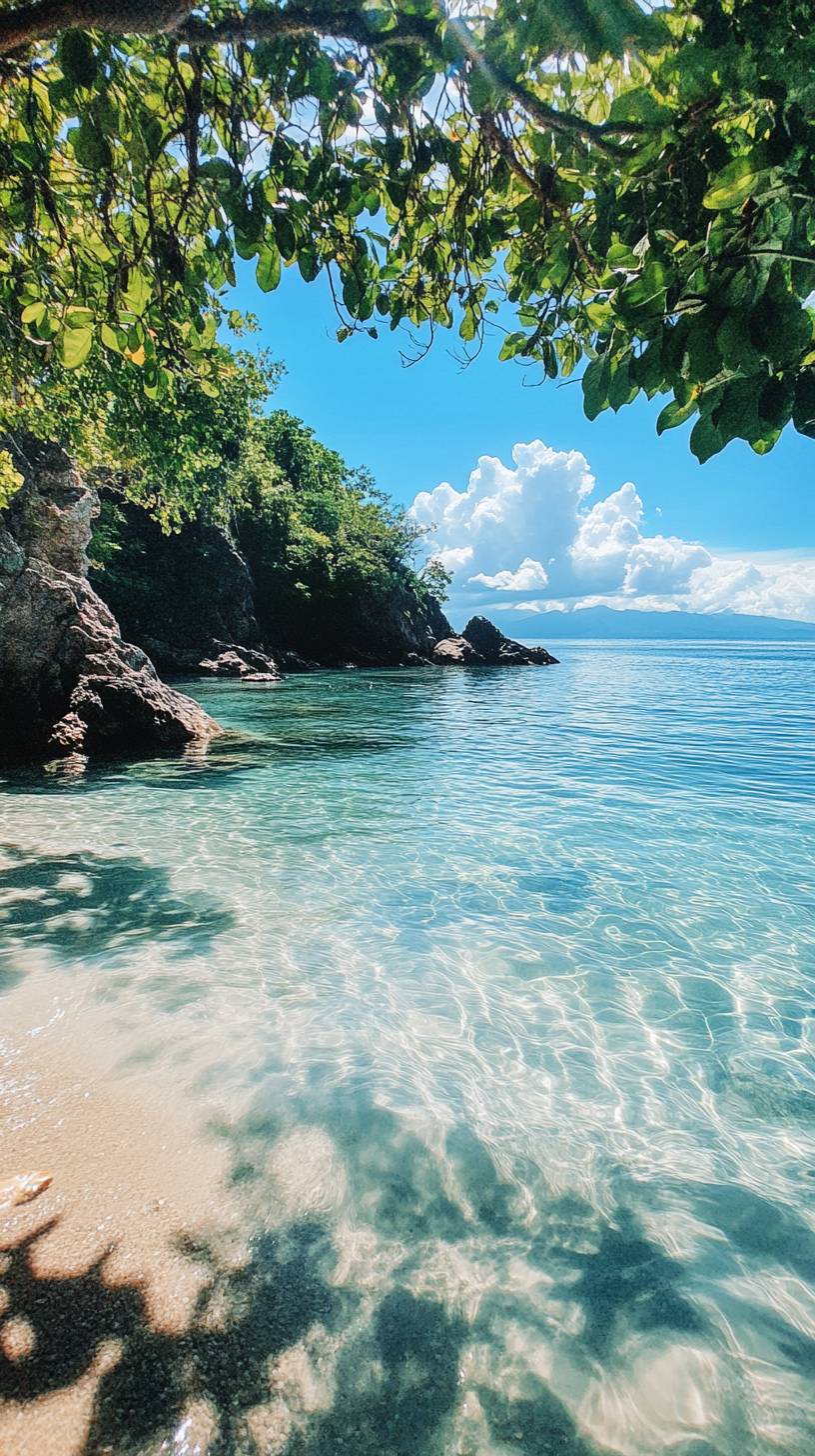 Cove escondida com água cristalina, ondas suaves batendo na costa, vegetação tropical e luz solar natural.