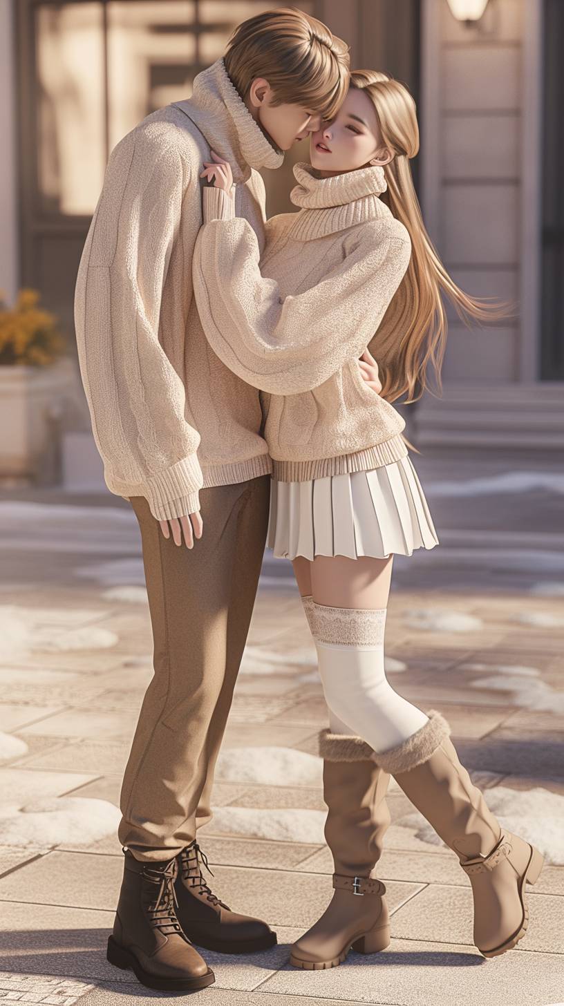 Um casal de anime realista em CG em suéteres de malha combinando se abraça calorosamente em um dia frio.