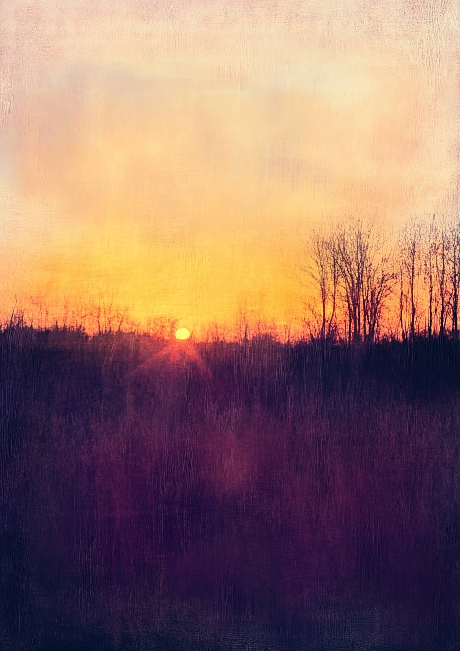 Soft-focus sunset over a tranquil field with warm orange and purple hues, creating a calm mood.