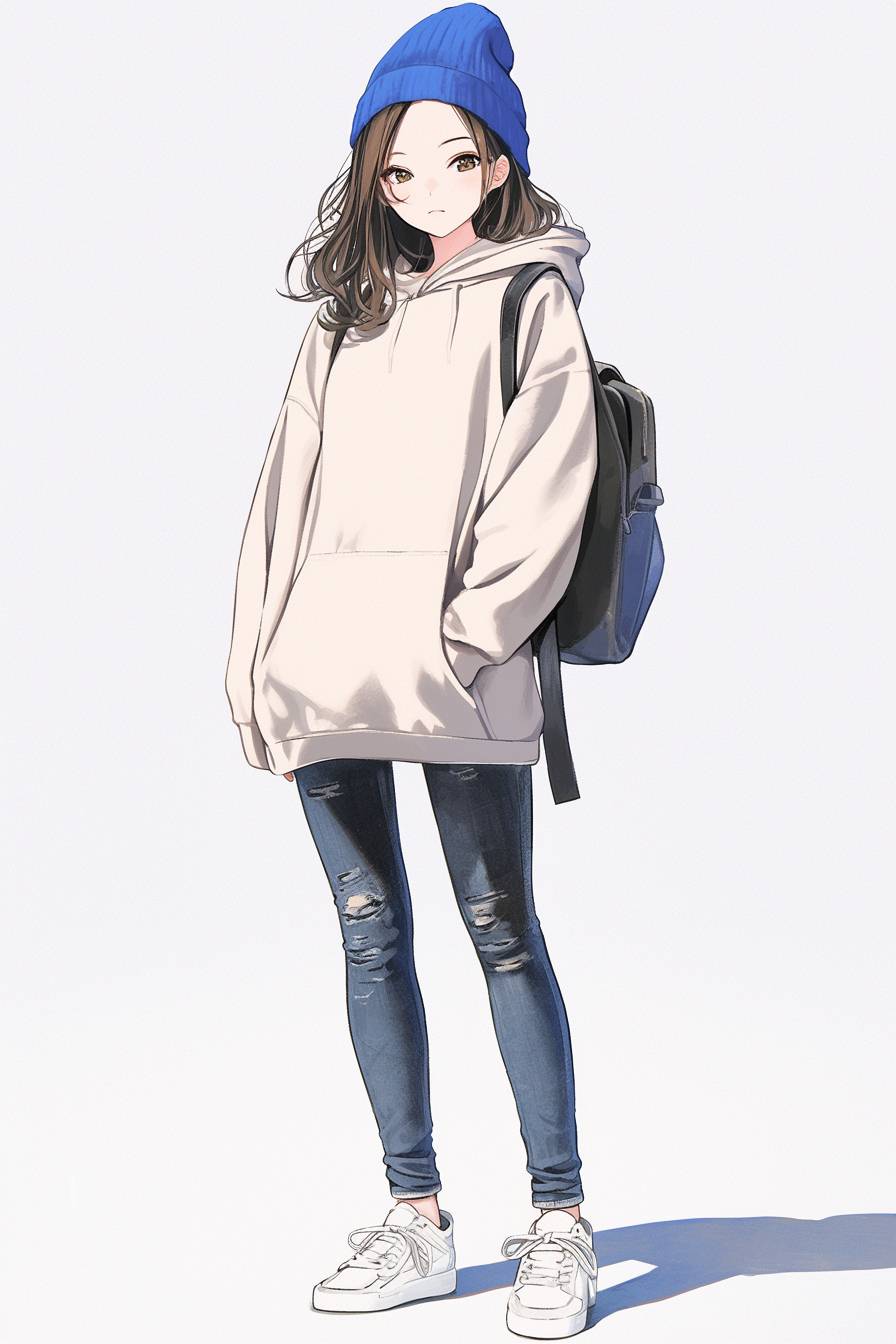 Fille d'anime dans un sweat à capuche oversize confortable, associé à un jean déchiré et des baskets blanches, incarne un style décontracté et confortable.