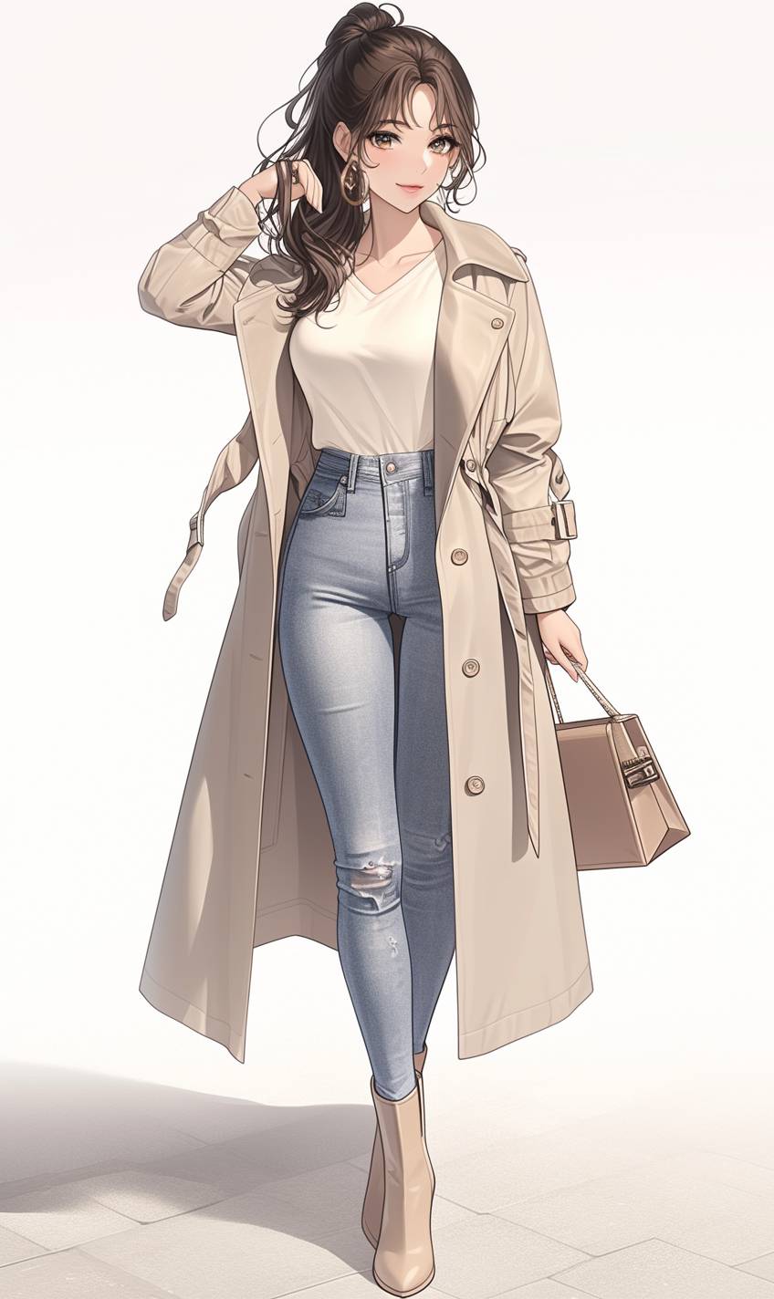 A CG realistic anime girl in a casual beige trench coat, white t-shirt, and blue jeans, adding beige ankle boots and a tan leather bag for an elegant yet relaxed style.