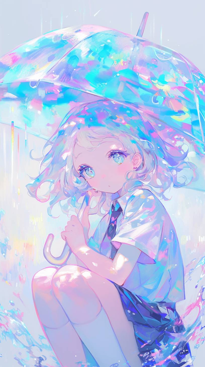 Um personagem de anime suave com um guarda-chuva diante de um fundo abstrato em tons pastel.