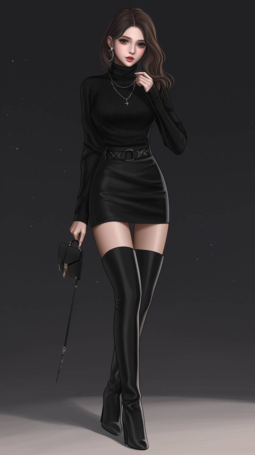 Una chica de anime realista en CG con un elegante conjunto completamente negro, que incluye un suéter de cuello alto ajustado, falda corta y botas altas, y accesorios como un collar grueso y un bolso negro elegante para una salida nocturna.