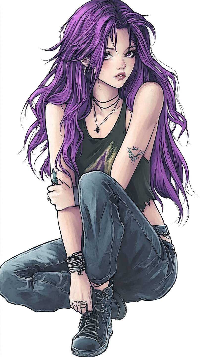 Foto de cuerpo completo de una chica hermosa con cabello morado, estilo manga japonés.