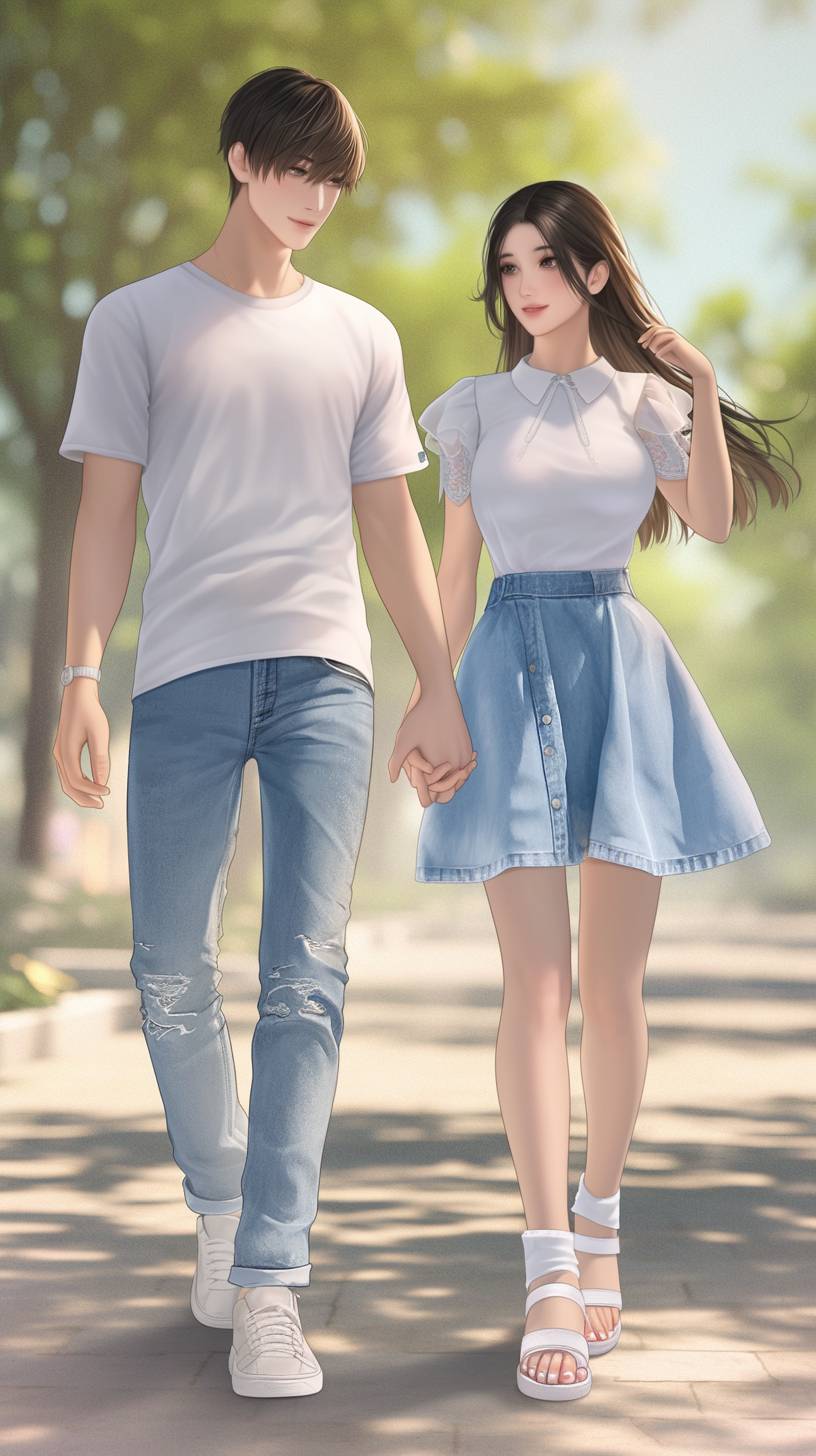 A couple in casual matching outfits walking hand in hand in a park.