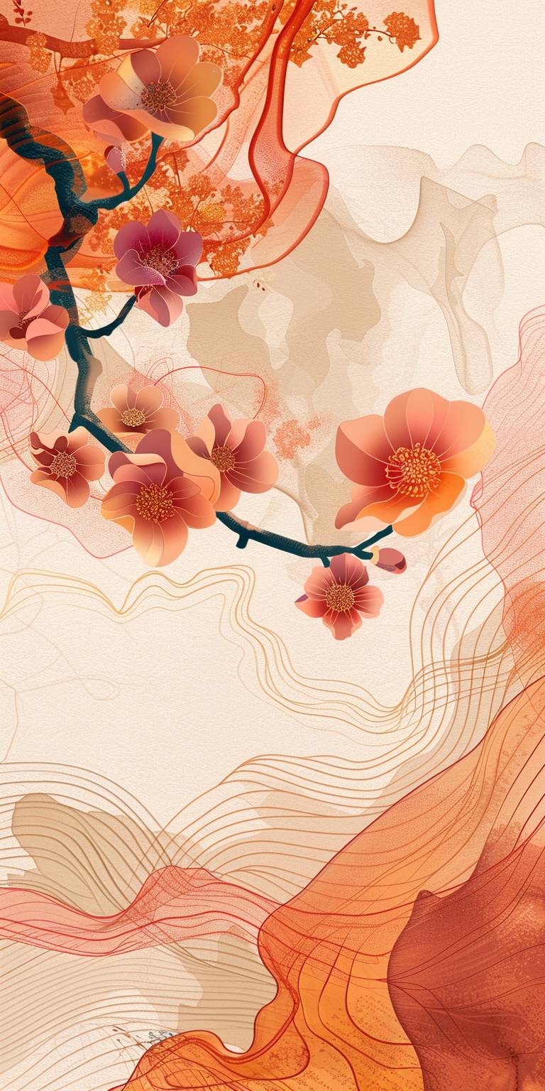 Design d'affiche pour le Nouvel An chinois avec de l'eau et des fleurs, transitions tonales douces, orange clair et bordeaux clair, représentations théâtrales.