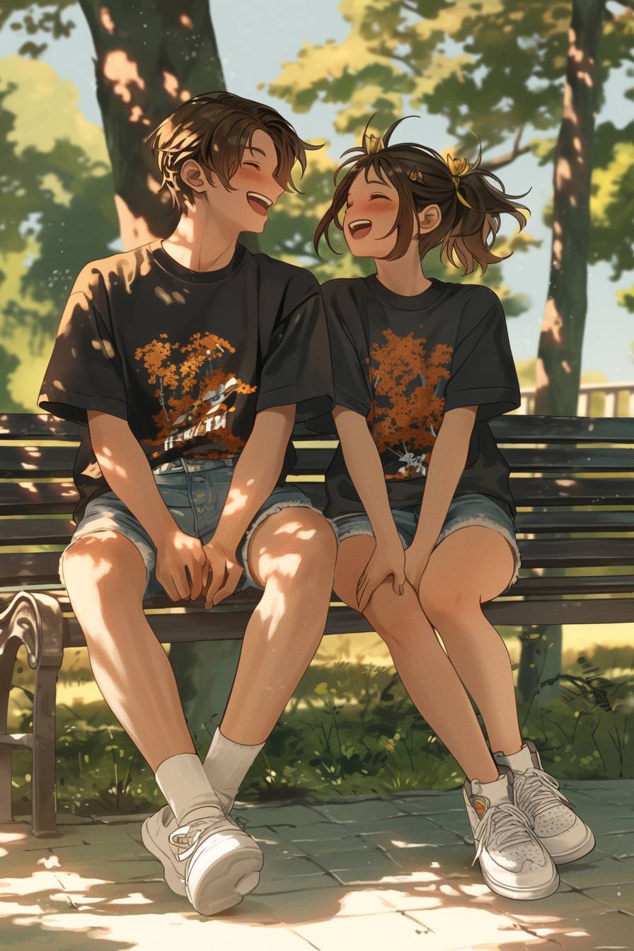 A CG realistic anime couple in matching graphic t-shirts, denim shorts, and white sneakers, sitting on a park bench, laughing together under the sun.