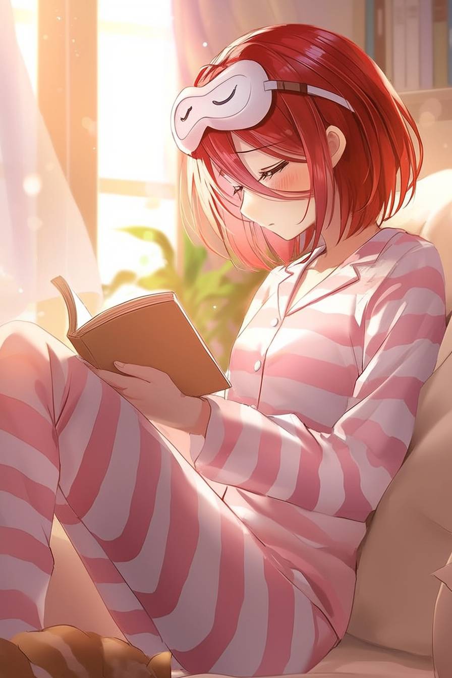 A girl in Emma Stone's style wearing a classic stripe pajama set, with red bob hair, enjoying a cozy reading nook.