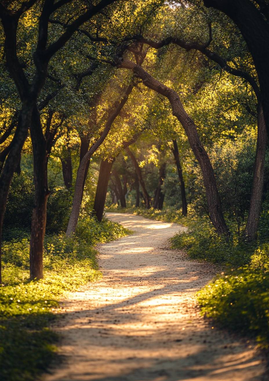 Camino de bosque sereno, luz del sol filtrándose a través de los árboles, brisa suave, tonos terrosos, sombras suaves.