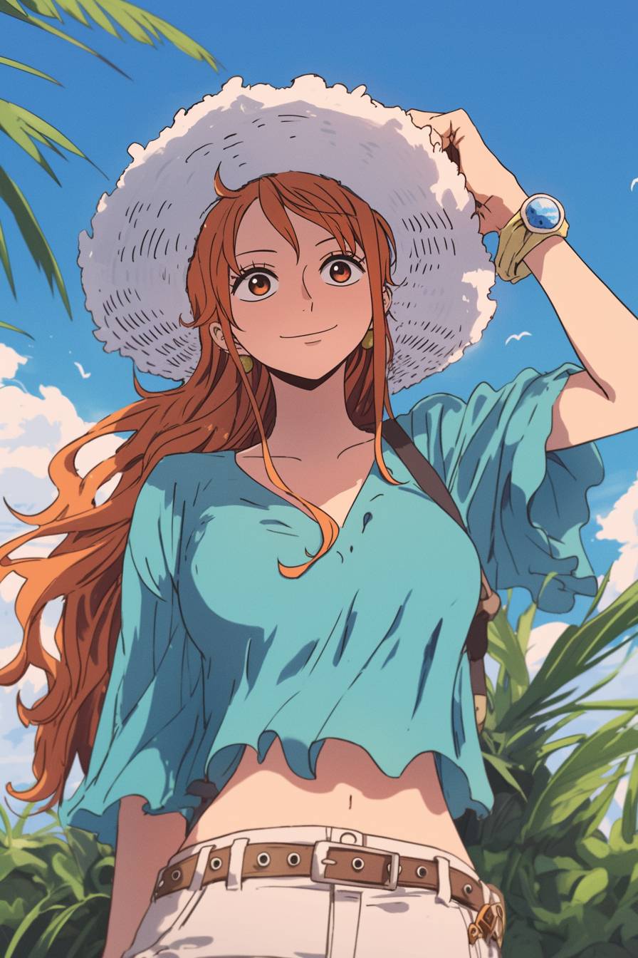 Nami de One Piece em um traje casual tropical, usando uma camiseta laranja, shorts brancos e chinelos, carregando um chapéu de palha na praia.