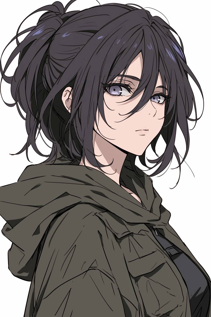 Mikasa Ackerman de L'Attaque des Titans porte des vêtements décontractés modernes, un sweat à capuche gris, un pantalon noir et des bottes de combat, marchant dans un parc urbain avec une expression sérieuse et déterminée.