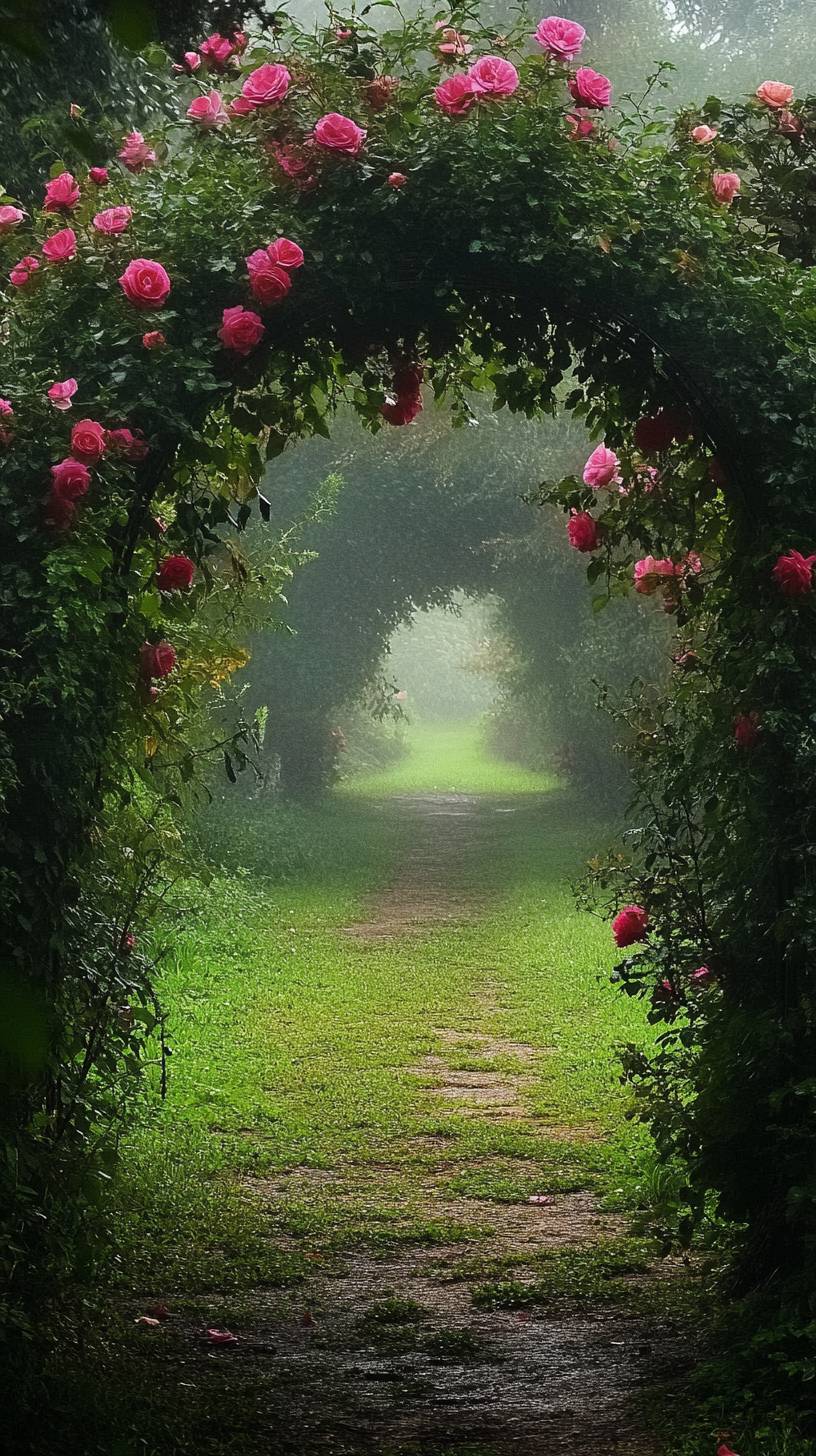 Secret garden archway, climbing roses, morning dew, enchanted atmosphere