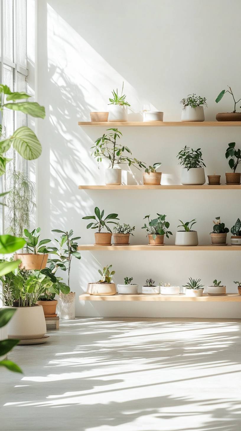 Espace de studio propre avec des murs blancs, des étagères en bois, des plantes en pot et un éclairage naturel pour la photographie architecturale.