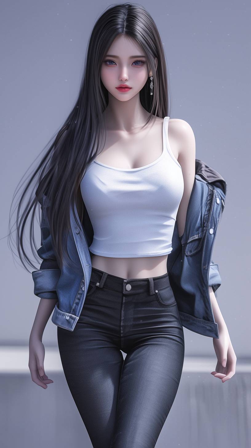 Uma garota de anime realista com cabelo liso longo vestindo uma camiseta branca, jaqueta jeans e jeans skinny preto, combinados com botas de tornozelo pretas e lábios vermelhos ousados para um look casual e elegante.