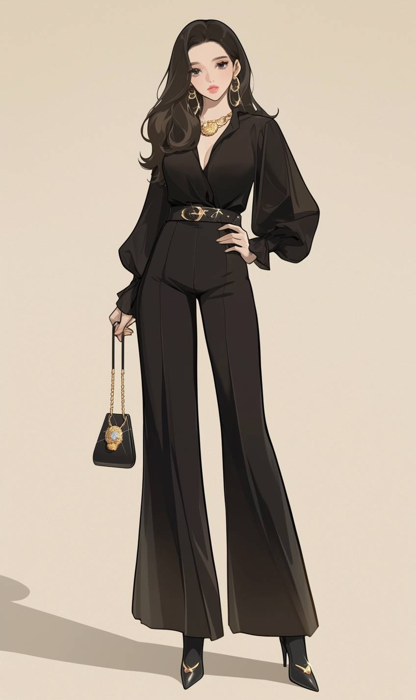 Anime girl wears a black fitted blouse with wide-leg trousers and stiletto heels, mimicking Emilia Clarke's chic style.