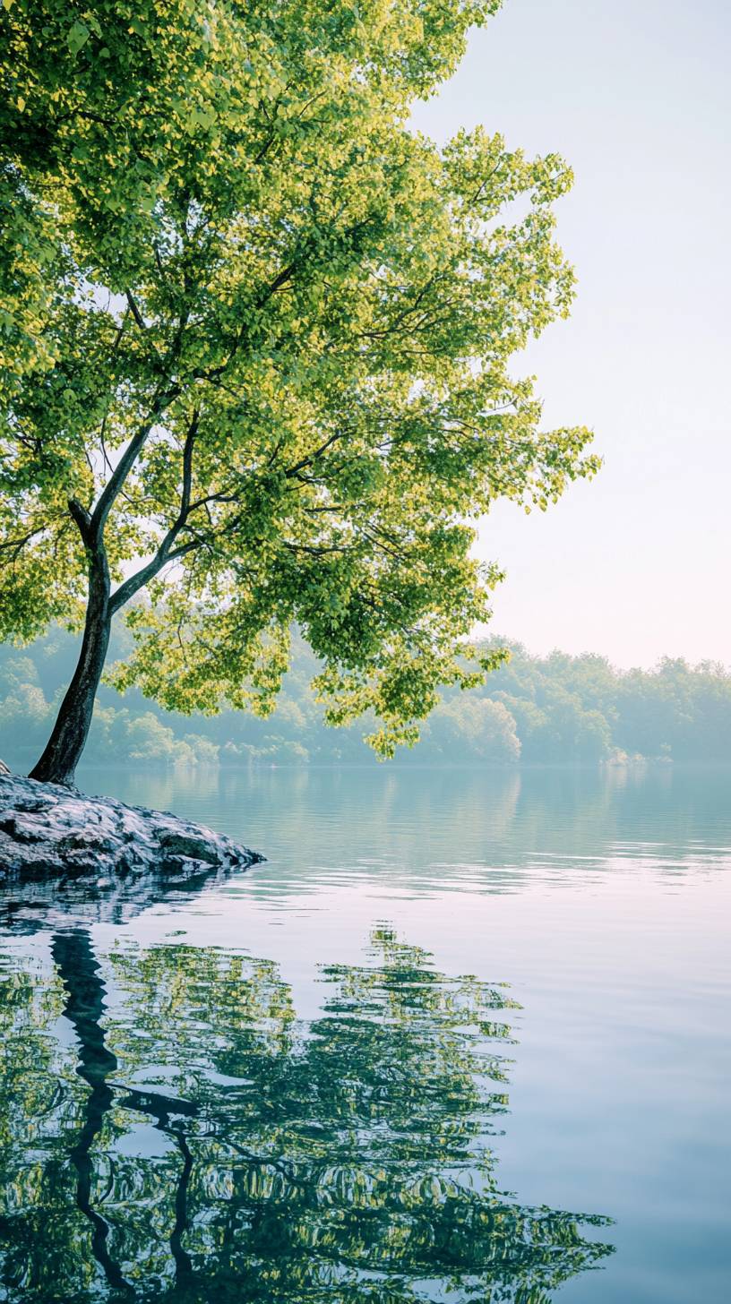 A tree by a lake reflecting nature's quiet beauty.