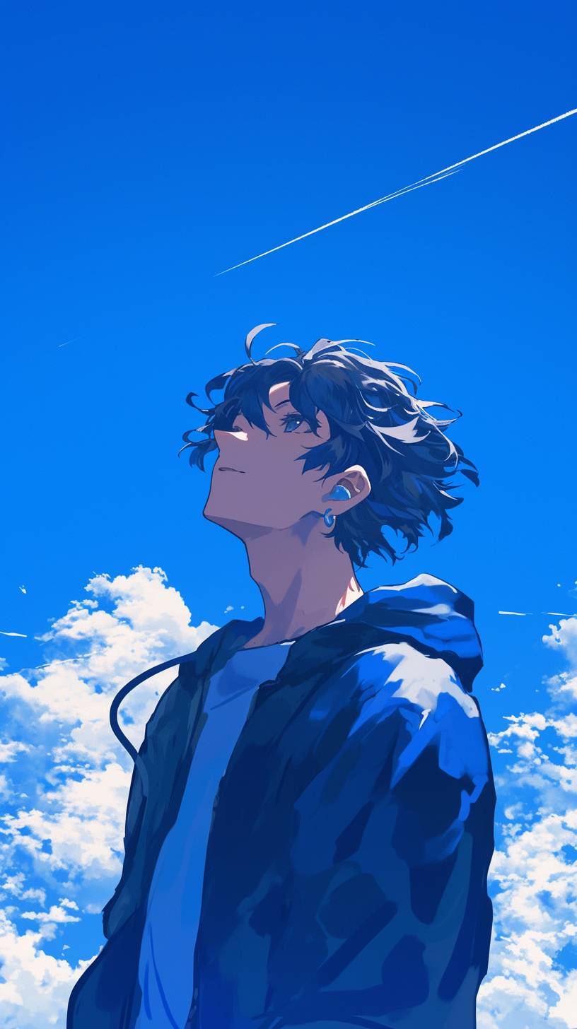 Anime boy with soft sky and subtle gradient lighting