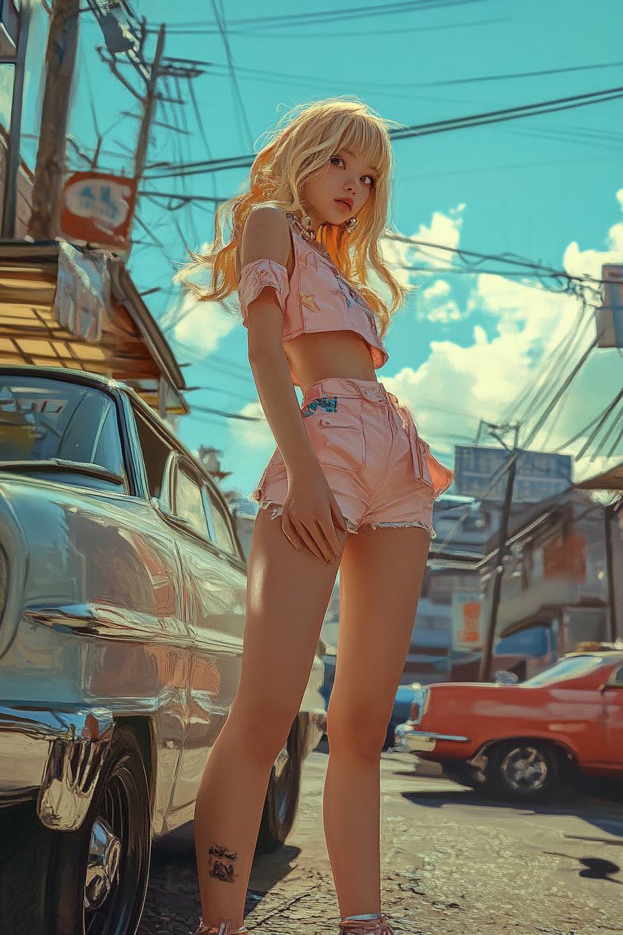 Uma garota no estilo de Sydney Sweeney usando uma saia curta da Miu Miu e saltos altos.