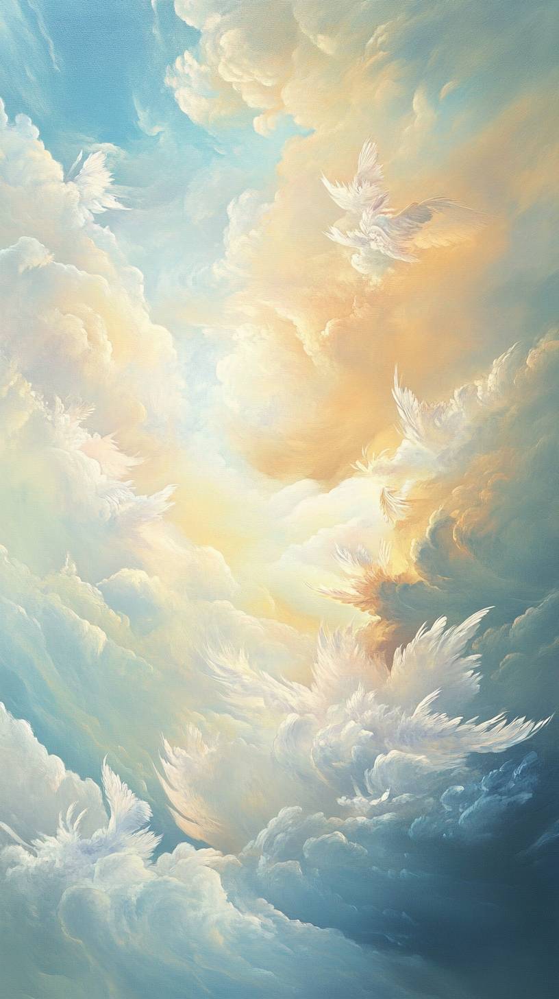 Feathered clouds with a soft pastel glow, dreamlike sky