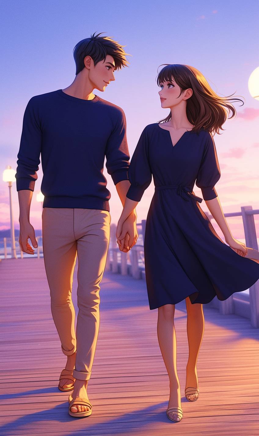 An anime couple in matching navy outfits walking hand-in-hand on a boardwalk at sunset.