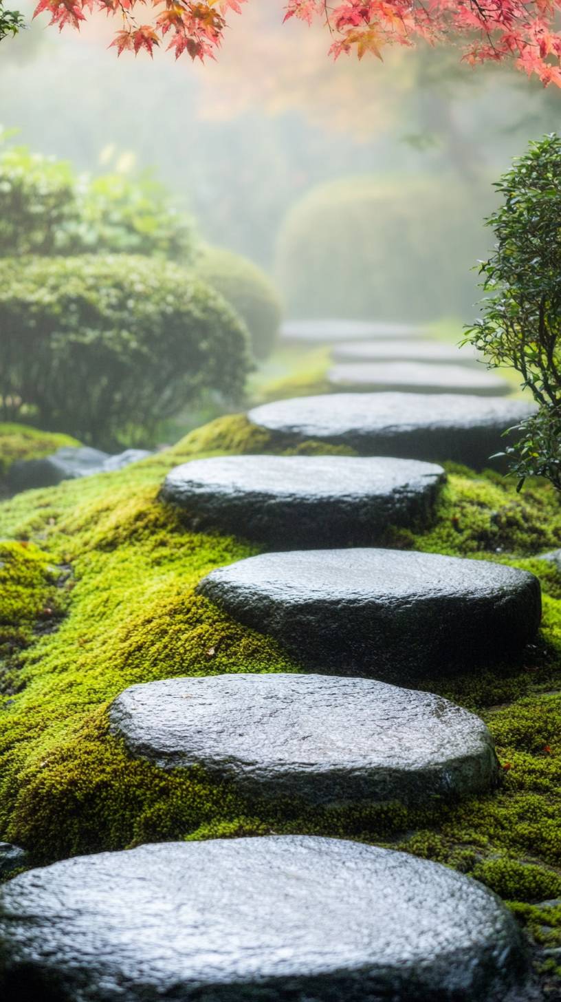 Serene Japanese garden with moss-covered stones and maple trees, early morning dew and mist, natural light