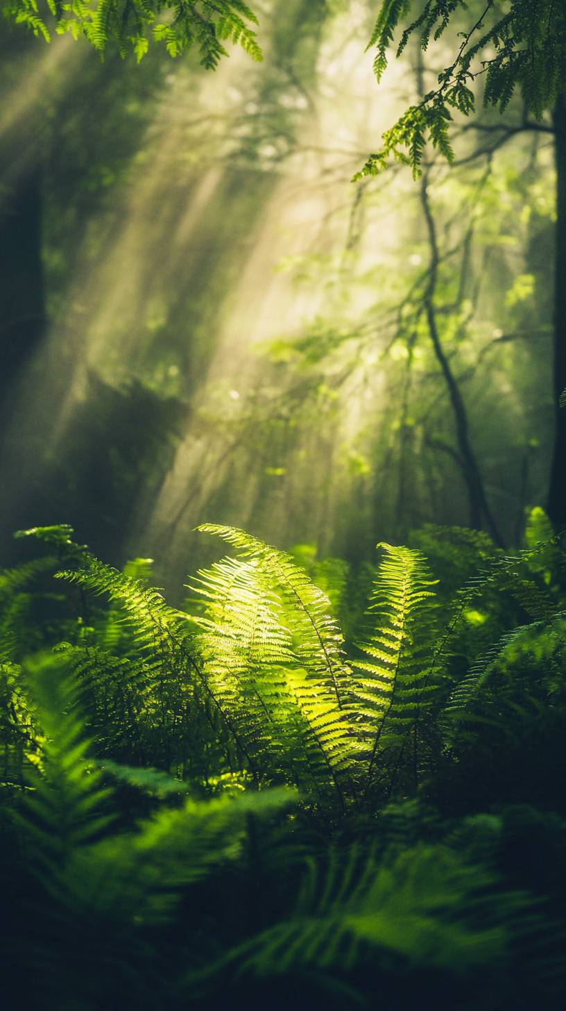 Bosque de helechos en el bosque, luz solar filtrada, nuevo crecimiento primaveral y una escena pacífica.