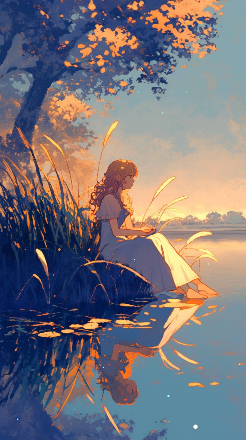 A tranquil anime character sits by a calm lake with soft hues and minimal details.