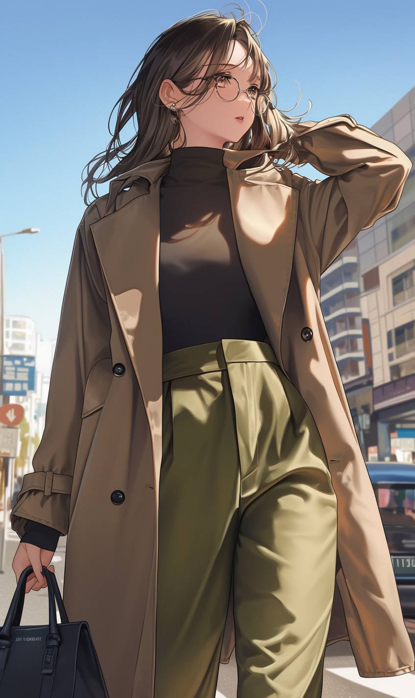 A modern anime girl in a trench coat and high-waisted pants carrying a leather tote bag, presenting a professional look.