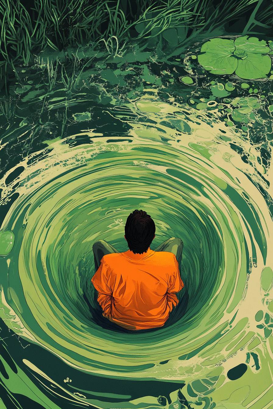 A lonely person in a green whirlpool, vibrant colors in a healing illustration.