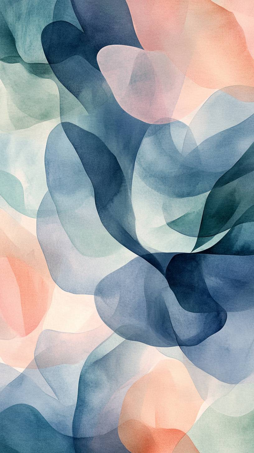 A soft abstract watercolor painting with flowing organic shapes creating a calming atmosphere.