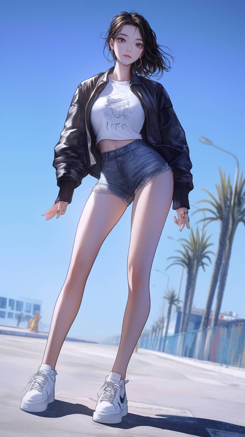 Uma garota anime realista em CG vestindo uma jaqueta de couro preta elegante, camiseta gráfica branca, shorts de jeans de cintura alta e tênis brancos, exibindo estilo de rua com uma expressão despreocupada.