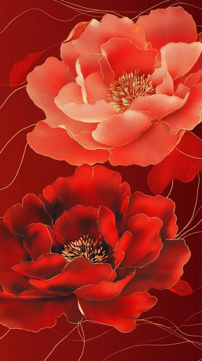 Fleur de pivoine rouge en lignes délicates et minimales, avec quelques accents dorés soulignant les pétales, sur un fond rouge riche pour un papier peint élégant.