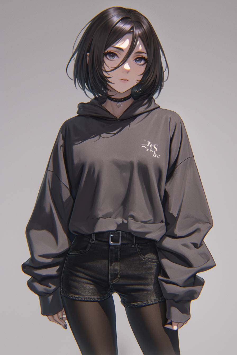 Mikasa Ackerman from Attack on Titan in casual wear: grey hoodie, black skinny jeans, combat boots, standing in an urban alley with a serious and focused look.