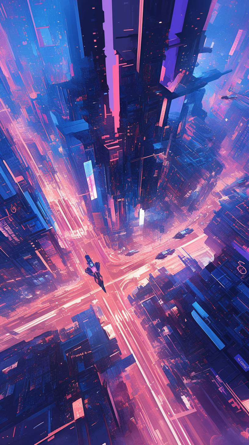 Abstract neon lights, glowing futuristic city, vibrant pink and blue tones, sleek design