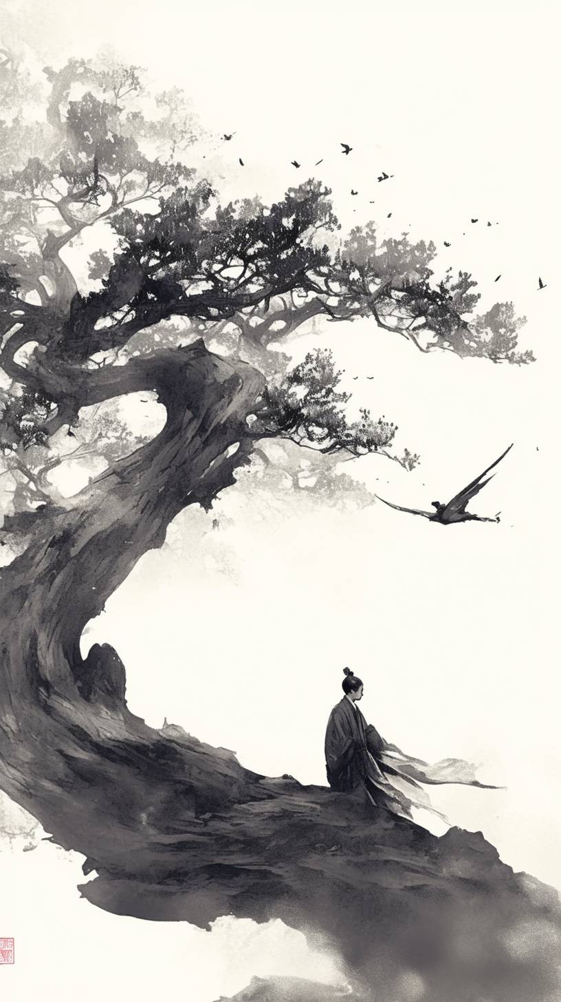 Chinese Zen ink painting in minimalist style, with expressive brushwork and large white spaces.