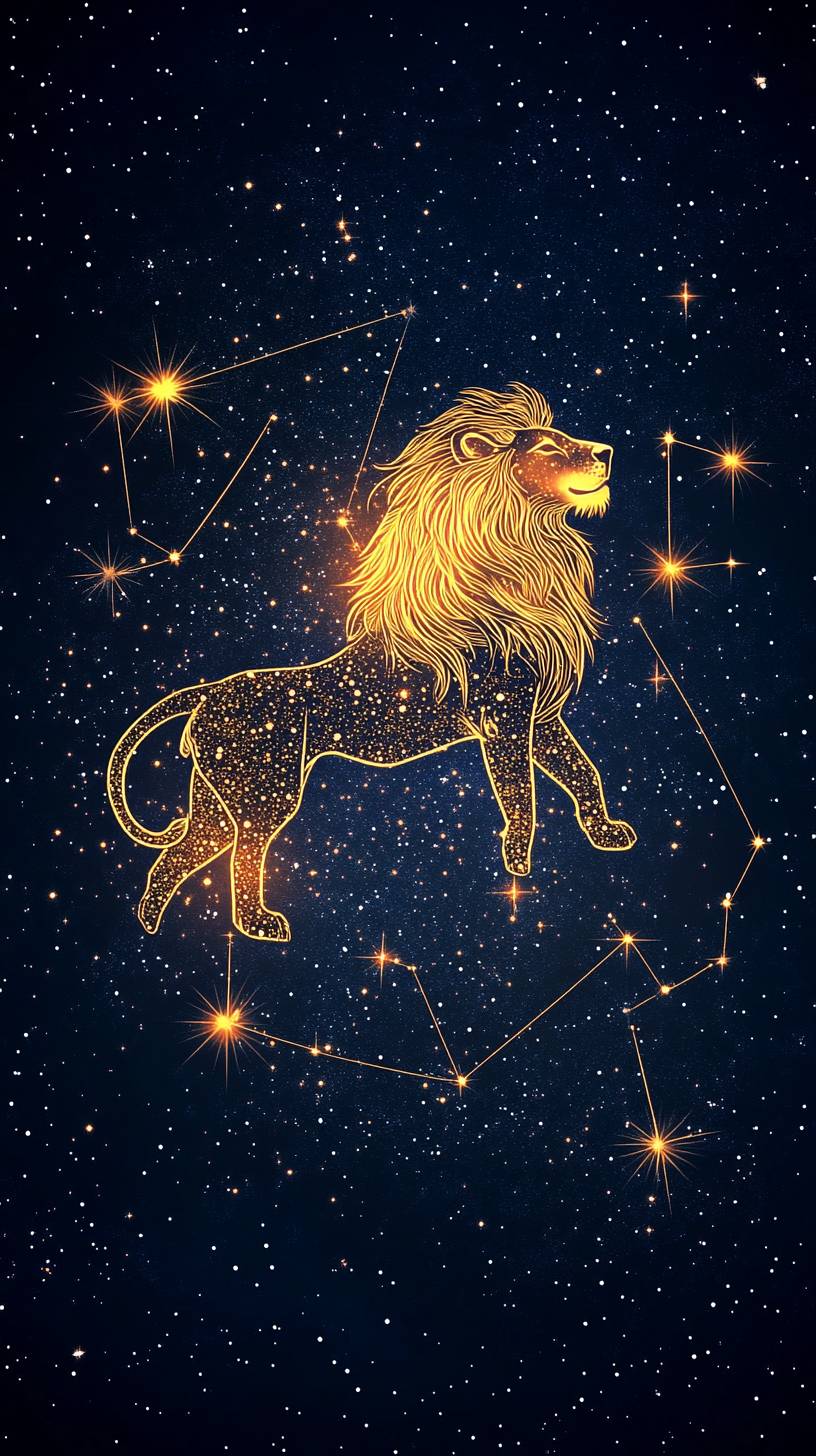 Une constellation de Leo minimaliste avec une silhouette dorée de lion brillant entourant les étoiles, évoquant la force et la fierté, contre un ciel étoilé.