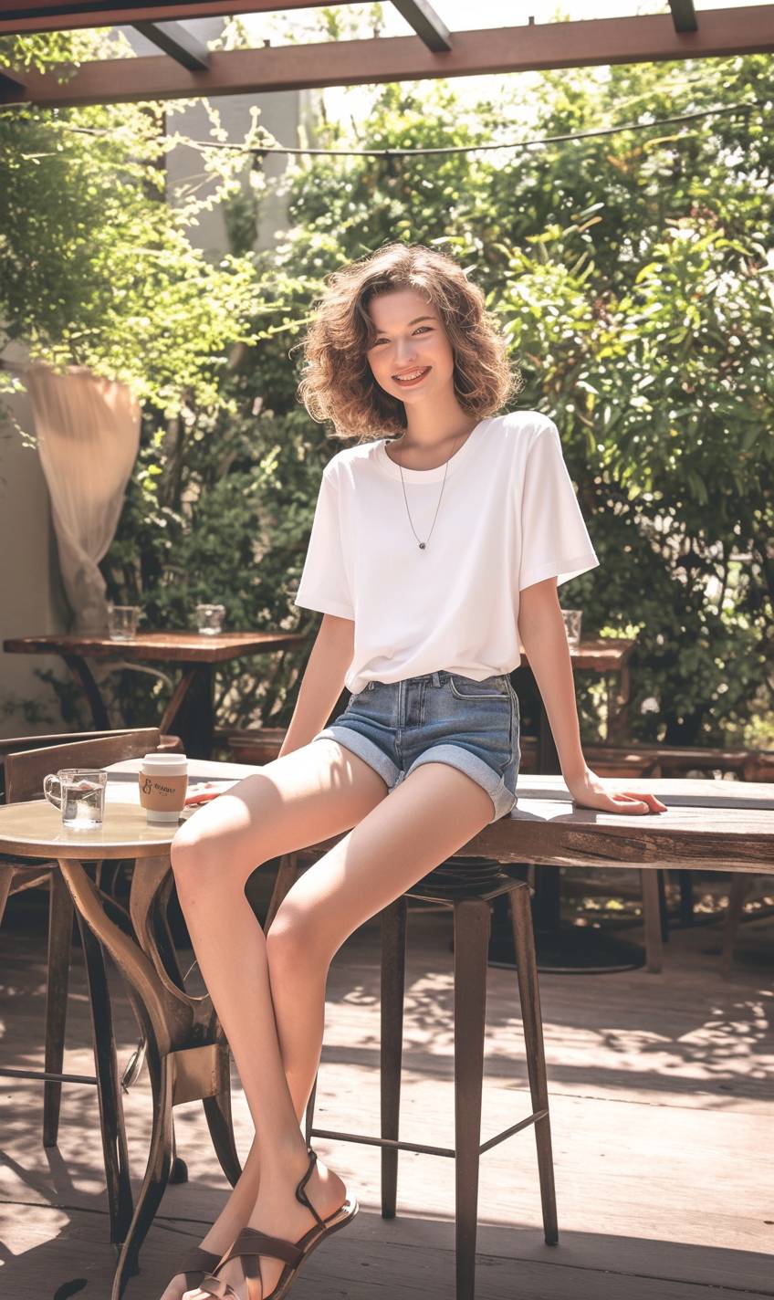 Ein Mädchen trägt ein einfaches weißes T-Shirt, kurzärmelige Jeansshorts, Leder-Sandalen und eine zarte Halskette und zeigt einen Alltagsstil in einem Café im Freien.