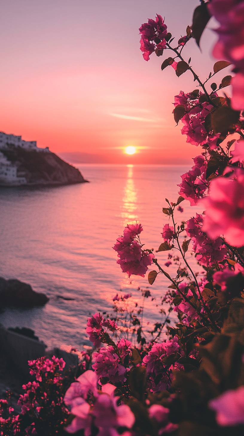 Aldea costera mediterránea al atardecer, paredes encaladas y flores de bugambilia.